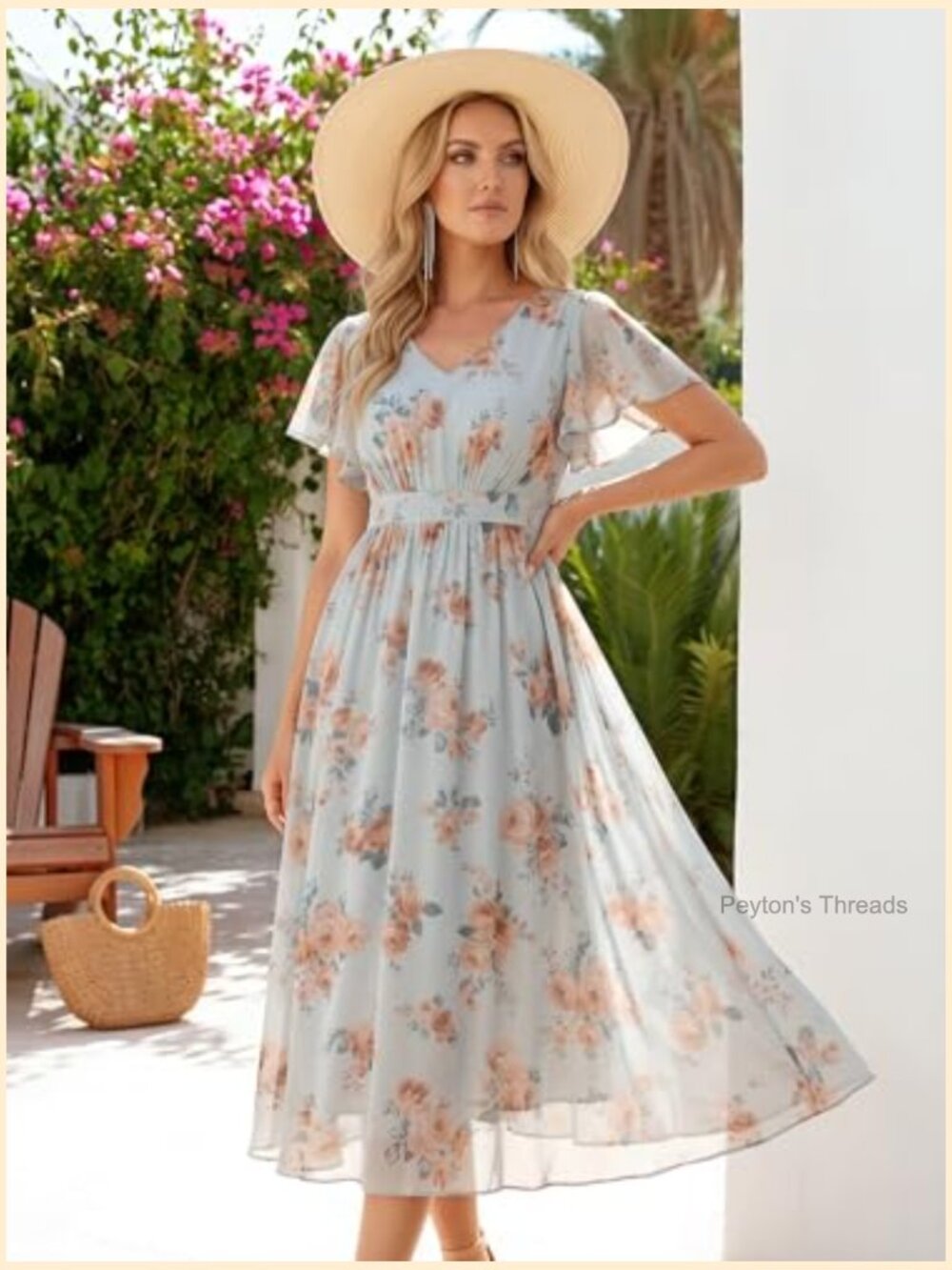 Floral Chiffon Midi A-Line V-Neck Smocked Bodice Short Ruffle Sleeve - Picture 5 of 5